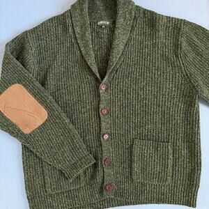 Orvis Shawl Cardigan Green Wool Blend Elbow Patch Sweater